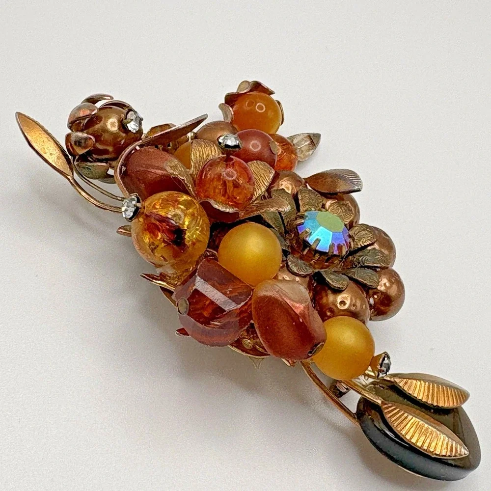 Vintage Brooch Flower AB Artglass Honey Bronze Thermoset Rhinestone MCM